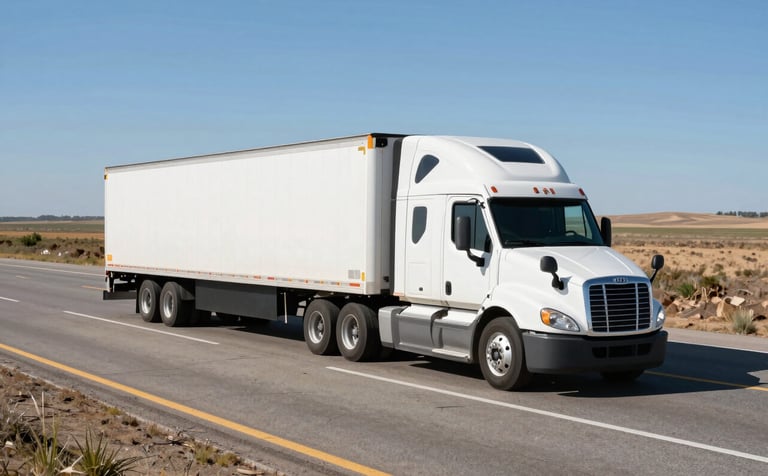 Photography of a modern white dry van semi-truck driving on a vast North American highway under a clear blue sky. The scene is bright and professional, incorporating off-white and steel blue tones. High-angle perspective showing the length of the trailer.