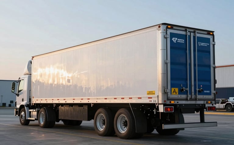 Photography of a reefer truck with a shiny silver refrigerated trailer parked at a North American distribution center during a cold morning. Soft morning light, navy blue and off-white color palette, emphasizing reliability and efficiency.