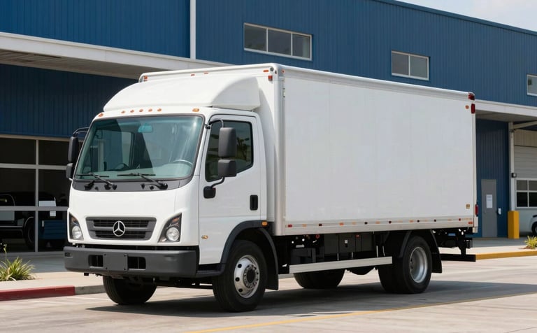 Photography of a clean white box truck navigating an industrial business park in North America. Bright, natural lighting, sharp focus on the vehicle, with a background of modern warehouse architecture in shades of steel blue and dark navy.