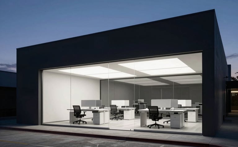 A minimalist architectural office space in Los Angeles at twilight. Deep obsidian accents and cloud white lighting highlight a clean, forward-thinking tech laboratory style environment. The mood is trustworthy and sophisticated.