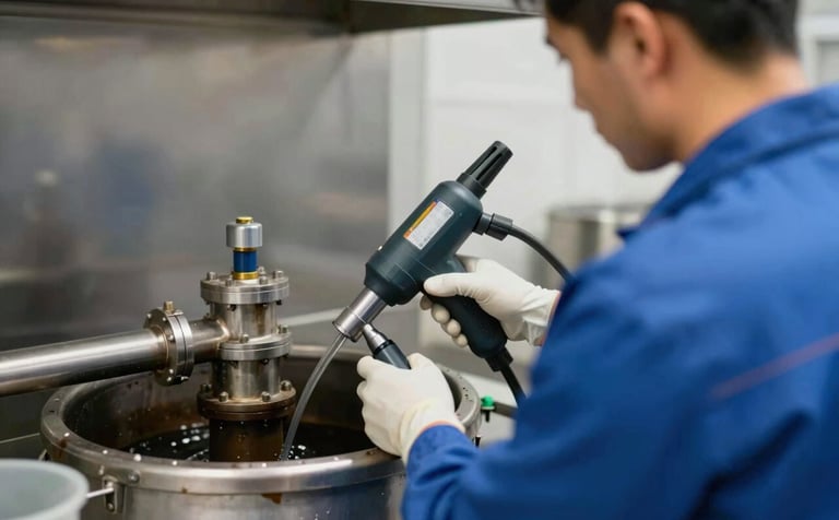 A technician performing maintenance on a grease trap in a commercial kitchen. Use of professional suction equipment, clean and organized workflow. Reliable and hygienic atmosphere. Elements of #347BBF and #E07A5F in the equipment details.
