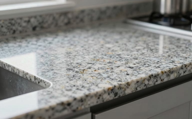Close-up of a sparkling clean kitchen surface after a construction project. Fine details of polished granite and stainless steel reflecting soft light. Clean, modern aesthetic using the brand's cool color palette.