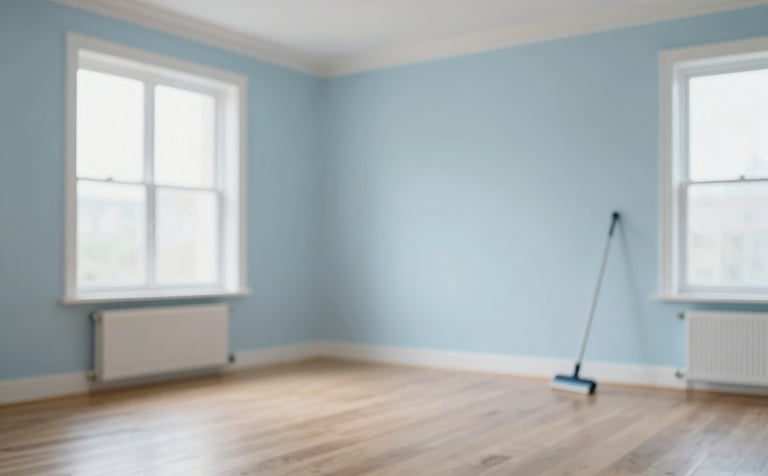 A bright, minimalist residential living room with polished wooden floors and large windows. The mood is serene and impeccably clean. Professional cleaning tools are visible but subtle. Colors incorporate the palette's soft blues #A8D0DB and whites #F0F4F8.