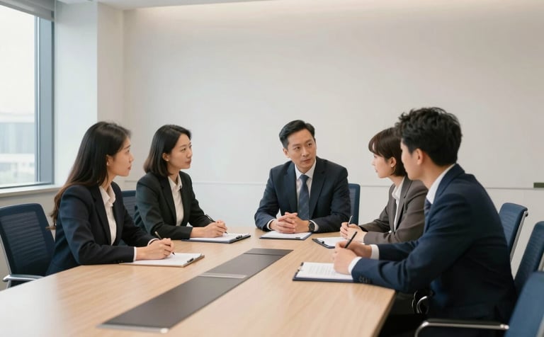 A group of focused professionals in a sleek, modern North American / US corporate boardroom discussing a plan. The environment is bright with soft off-white walls and deep navy blue furniture accents. The lighting is clean and natural, emphasizing a sophisticated and trustworthy business atmosphere.