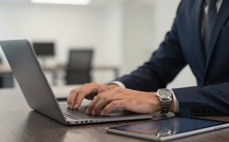 A close-up of a professional in a North American / US office setting using a laptop and a tablet. A muted silver watch is visible on the wrist. The desk is a dark charcoal wood, and the background is a blurred, efficient open-plan office with soft off-white accents.
