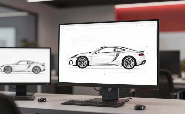 Clean, modern design studio featuring digital blueprints of car parts on monitors, professional atmosphere with subtle crimson lighting accents, minimalist and sophisticated.