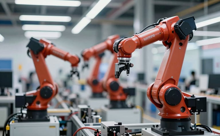 High-tech automotive assembly line with precision robotic arms, soft industrial lighting, incorporating professional brand colors like crimson highlights on equipment, cinematic and modern style.