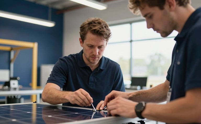 A close-up photograph of a collaborative job training session in a modern facility in North American / US - Tulsa, Oklahoma. Two focused individuals are working together on a technical project with solar energy equipment. Bright, natural lighting with navy blue and goldenrod accents in the background.