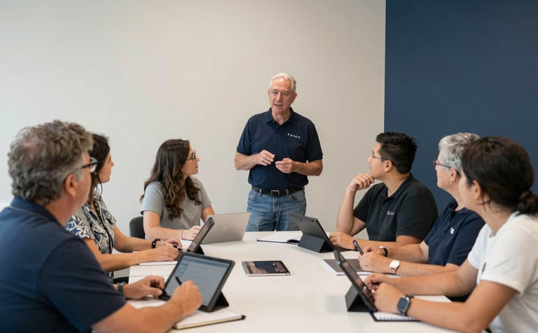 A documentary-style photograph of an engaging community workshop in North American / US - Tulsa, Oklahoma. Adults and youth are gathered around a table with tablets and notebooks, listening to an inspiring speaker in a bright, modern room decorated in cream and navy blue.