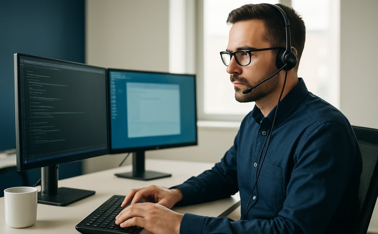 A professional North American office setting where a focused IT expert wearing a headset sits before dual monitors, providing calm and efficient remote assistance. The workspace is clean and modern, featuring colors like navy blue and off-white under bright, natural daylight.