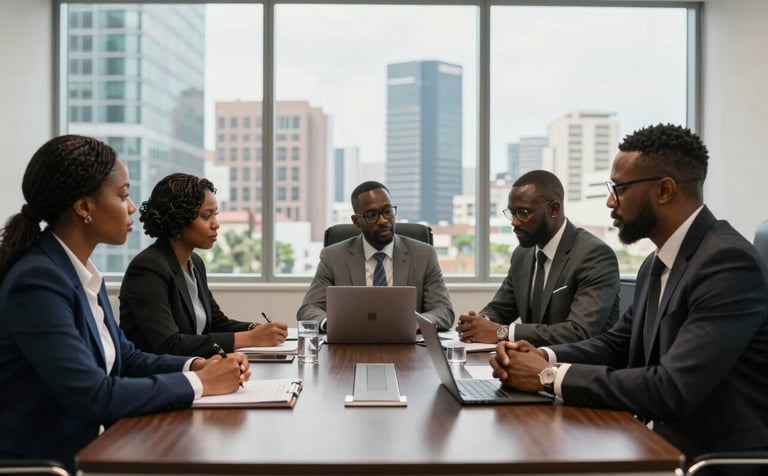 A sophisticated West African boardroom in a Lagos high-rise. Professional associates are engaged in a meeting around a dark wood table. Large windows reveal a modern skyline in the background. The lighting is crisp and modern, emphasizing trust and reliability.
