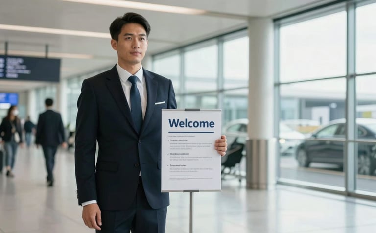 A professional chauffeur in a dark suit standing in a bright, modern London airport terminal holding a welcome sign. The atmosphere is efficient and high-end. Soft, natural lighting from large windows.