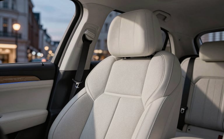 Close-up photography of a luxury vehicle's leather interior, showcasing high-quality stitching and a clean, sophisticated dashboard. Evening London city lights are blurred through the window.