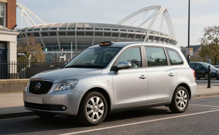 A clean, modern silver sedan taxi parked on a quiet European street in the Wembley area, with the iconic stadium arch visible in the far background. Bright afternoon lighting, professional photography style.