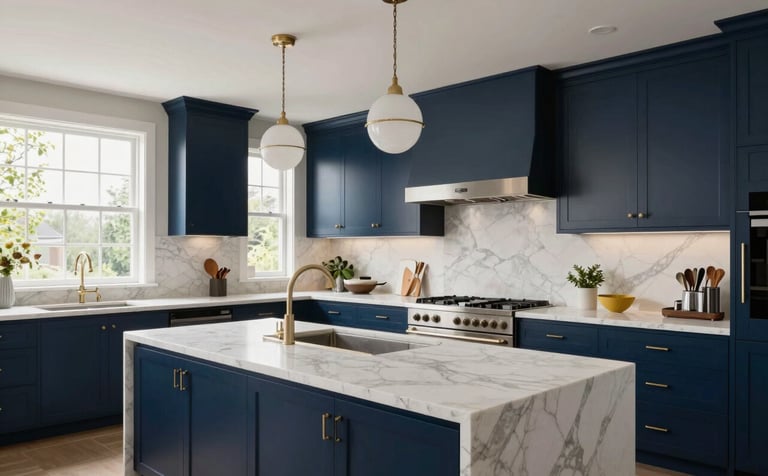 A wide-angle interior photograph of a modern, high-end North American kitchen remodel. Features include white marble countertops, sleek navy blue cabinetry, and designer lighting. Soft natural lighting through large windows, sophisticated professional architectural style.