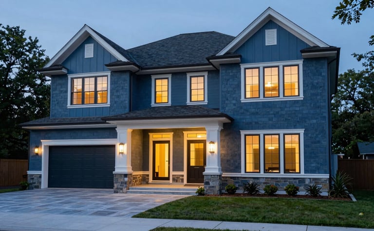 A professional exterior photograph of a fully renovated North American luxury home at dusk. The architecture blends classic slate blue siding with modern clean lines and sophisticated accent lighting.