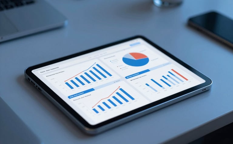 Close-up of a tablet on a sleek desk in a Middle Eastern / Gulf business hub, showing high-performance ad campaign metrics and ROI charts. The atmosphere is professional and results-driven with soft blue and royal blue lighting.