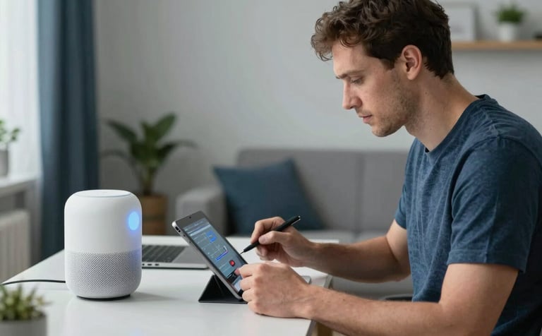 A professional technician in a clean, modern home office in the US, using a tablet to run diagnostics on a smart speaker. The atmosphere is helpful and expert, with light grey and dark blue tones in the decor.