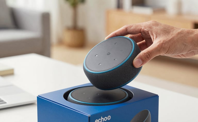 A close-up photograph of a brand new charcoal Echo Dot being carefully lifted out of its blue packaging on a clean white desk in a bright North American living room. The lighting is soft and professional, highlighting the fabric texture of the speaker.