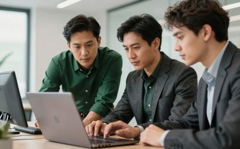 Technology experts in a North American / International corporate setting collaborating over a sleek laptop. A modern, innovative vibe with Deep Forest Green and Dark Charcoal clothing accents in a clean workspace.