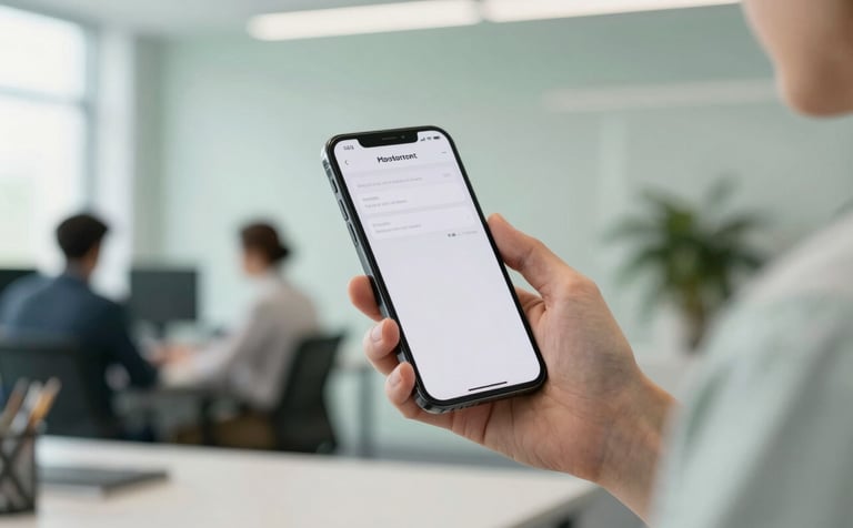 A professional in a modern North American / International office environment, focused on a smartphone showing a clean, high-performance interface. The setting is bright with natural lighting, incorporating Pale Mist and Muted Sage Green tones in the background.