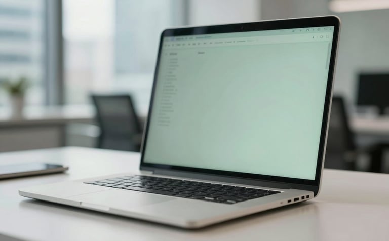 Close-up of a high-tech workstation in a North American / International city office, featuring a laptop and a soft-focus background. Lighting is professional and clean, highlighting Muted Sage Green and Pale Mist elements.