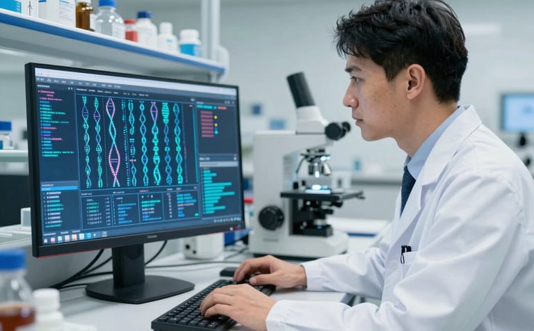 A professional scientist in a white lab coat working in a sleek North American research facility. The subject is looking at a high-resolution monitor displaying complex genomic data patterns in deep blue and light blue hues. The scene is bright and meticulously organized.