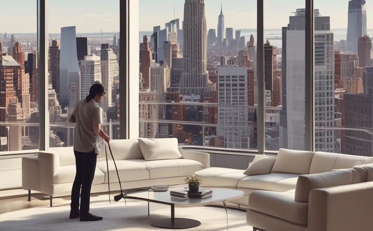 A cozy, spotless living room with sunlight streaming through large windows.