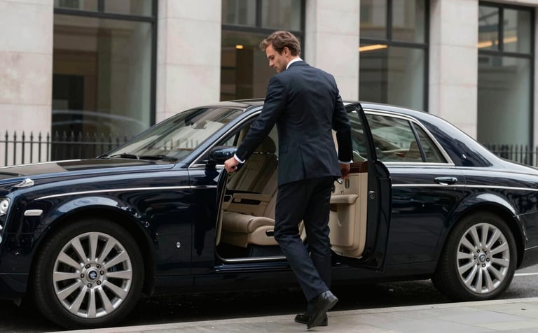 A person in professional business attire entering a premium dark navy executive car outside a modern British / UK office building, sleek and professional atmosphere.