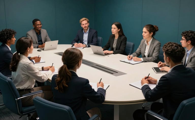 A diverse group of young professionals in a sleek, modern conference room with deep teal accents. They are engaged in a mock interview session. The lighting is bright and professional, highlighting a collaborative atmosphere with soft off-white surfaces and dark navy blue seating.