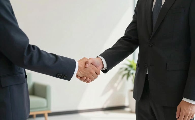 A person shaking hands with a hiring manager in a minimalist, high-end lobby. The scene is lit by soft, natural light and features a clean aesthetic with soft off-white walls and sage green decor. Both individuals are dressed in professional attire, suggesting a successful job placement.