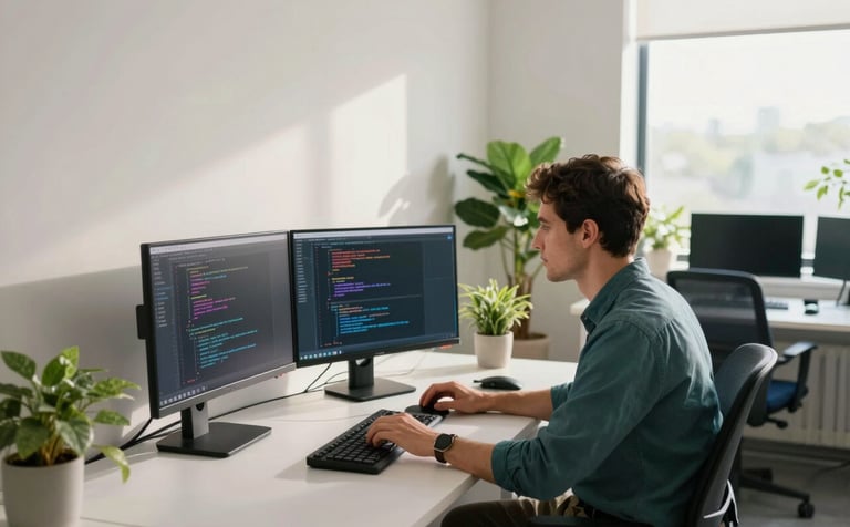 A professional tech developer working in a modern, bright office environment. They are using a multi-monitor setup with code visible on the screen. The room features soft off-white walls, sage green plants, and furniture in deep teal and dark navy blue tones. Natural sunlight streams through a large window, creating a clean and empowering atmosphere.