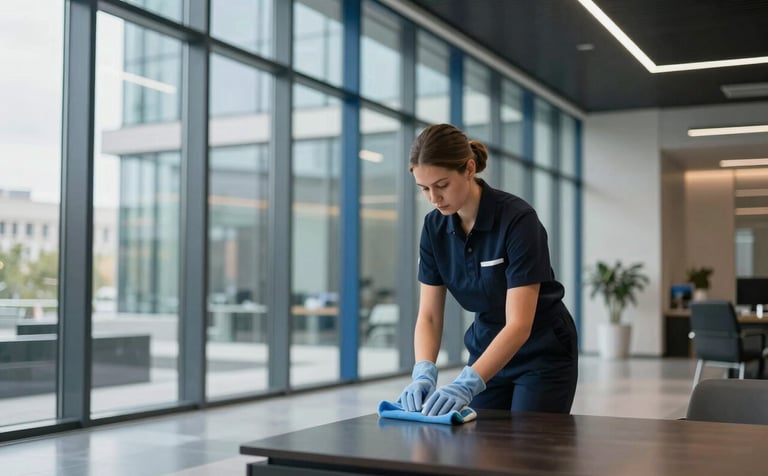 Professional photography of a contemporary Northern European office lobby with floor-to-ceiling glass and steel blue accents. A cleaning professional in a neat dark navy uniform is finishing a polished surface. The lighting is crisp, emphasizing cleanliness and sophistication.