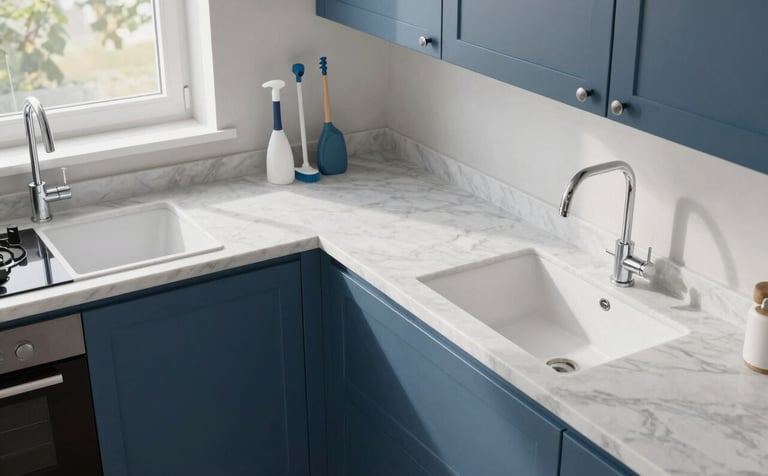 A high-angle photograph of a pristine, modern Northern European kitchen. The scene features off-white marble countertops, steel blue cabinetry, and polished chrome fixtures. Bright natural morning light streams through a window, highlighting a spotless and hygienic environment. Professional cleaning tools are neatly arranged in the corner.