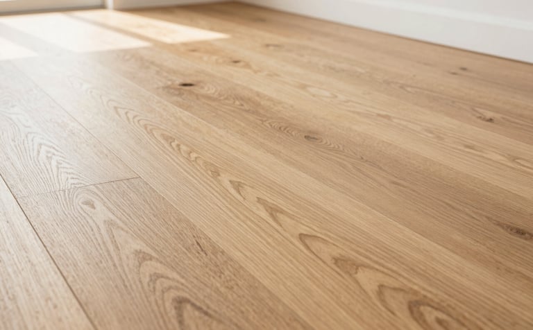 A close-up photograph of a masterfully installed light oak hardwood floor in a bright, modern North American home. The low-angle shot highlights the meticulous wood grain and smooth matte finish under soft, natural morning light.