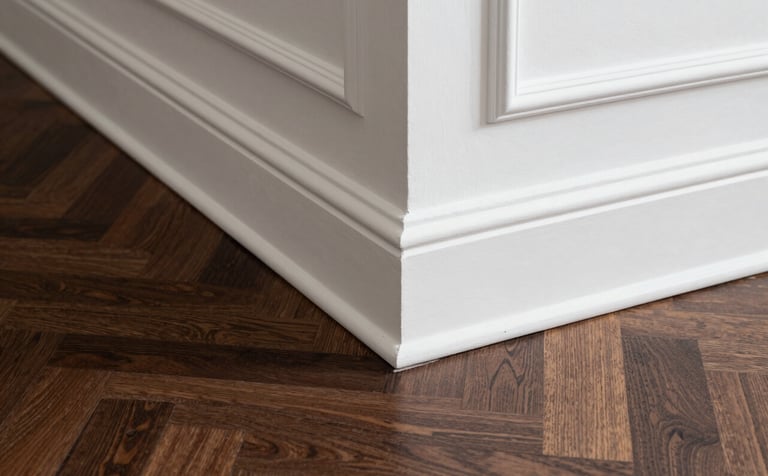 A detailed architectural photograph of high-end white crown molding meeting a dark walnut herringbone patterned floor. The shot showcases exquisite trim work and sophisticated design in a luxury North American residence.