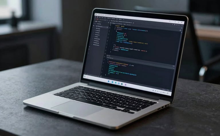 A close-up photograph of a sleek, high-end laptop on a dark slate grey desk. The screen displays a minimalist code editor with soft teal syntax highlighting. The environment is a modern, dimly lit office with subtle slate blue lighting accents.