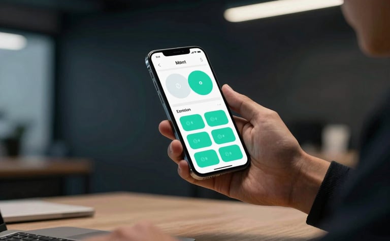 A professional in a modern workspace holding a sleek smartphone. The screen shows a sophisticated app interface with teal buttons. The background is a dark navy architectural space with soft, cinematic lighting.