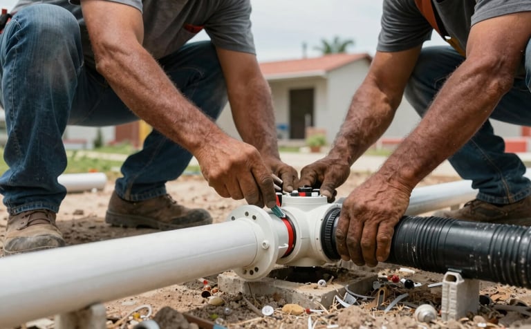 Professional construction workers installing technical plumbing and sewage connections in a South American residential neighborhood. The composition is a sharp, low-angle shot focusing on the high-quality materials and precise engineering.