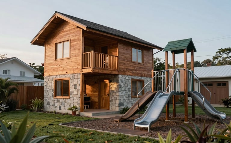 A beautifully constructed wooden family house and a modern metal playground set in a South American suburban garden. Soft morning light emphasizes the quality of the masonry and the natural wood finish. Trustworthy and solid atmosphere.