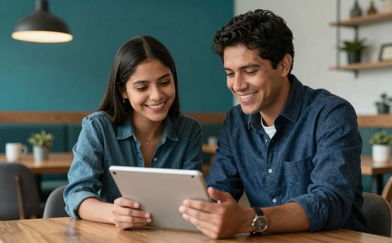 An empathetic mentorship session between two South American professionals in a comfortable co-working space. They are looking at a tablet together, smiling. The atmosphere is inspiring and warm, featuring teal and dark blue brand colors in the decor.