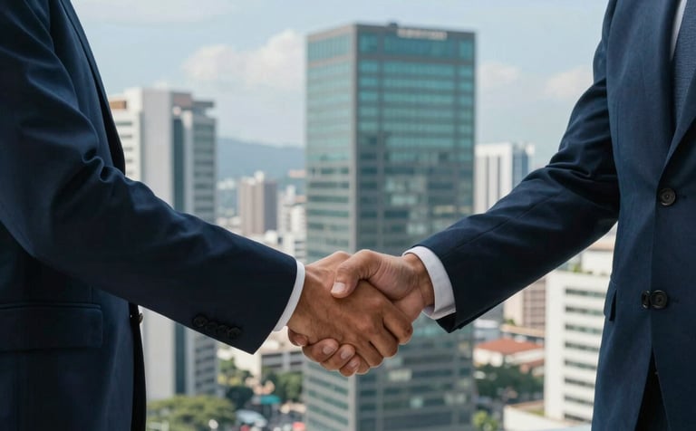 A close-up of a confident handshake between two business people in a high-rise office in Brazil. The background shows a panoramic view of a South American business district. Lighting is crisp and forward-thinking, featuring dark blue and teal tones.