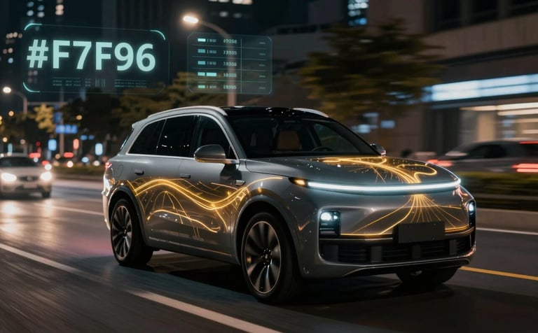 A luxury SUV driving through a dark city at night, with a glowing golden GPS path overlay and digital data overlays in #F7F9FA, sleek and futuristic aesthetic.