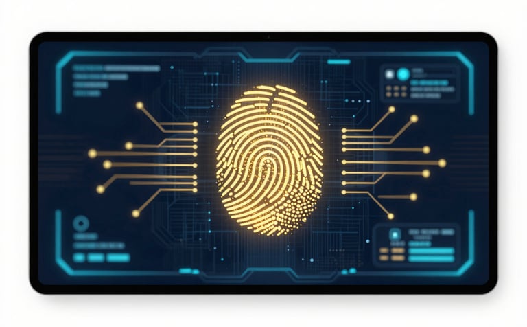 A high-tech digital security interface displaying a glowing gold fingerprint and circuit patterns on a deep #0A0A1A background with neon blue accents, sophisticated lighting, 8k resolution, cinematic style.