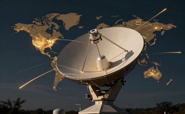 A futuristic satellite dish silhouetted against a night sky with golden light trails representing global connectivity, incorporating the VISAO STORE brand palette with #B8A066 glowing accents.