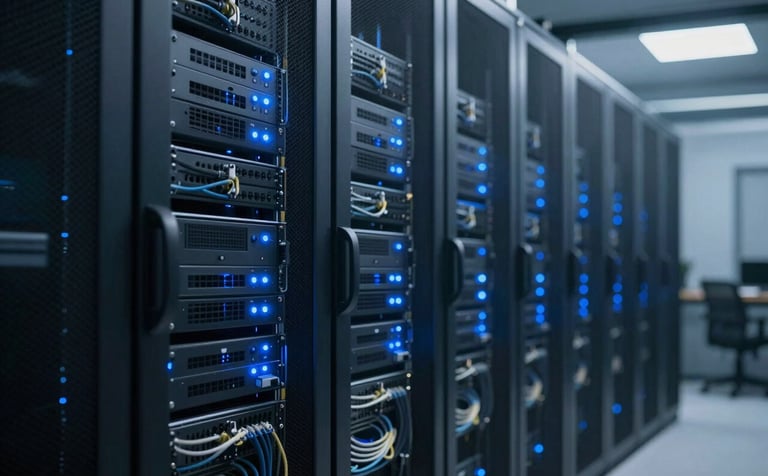 An orderly, high-tech server room with vertical server racks and glowing blue indicator lights. Cables are neatly managed. This represents advanced security infrastructure and server installation. The atmosphere is professional and secure, using #1A2B3C shadows and #F3F7FA highlights.