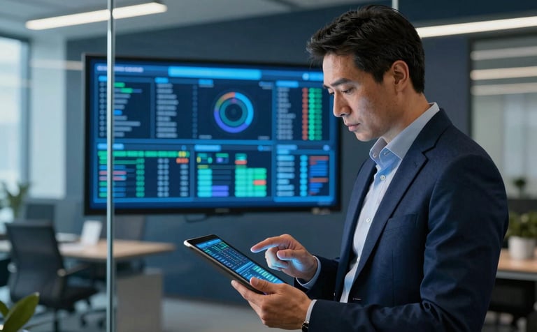 A professional North American consultant in a sophisticated glass-walled office, reviewing digital energy grids on a tablet. The color palette includes electric blue accents and deep navy backgrounds, conveying authority and technical expertise.