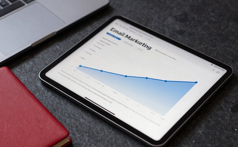 A close-up photograph of a tablet displaying a professional email marketing dashboard with rising engagement curves. The surrounding environment is a high-end office with slate grey and deep black tones. A crimson red notebook sits nearby, symbolizing sophisticated, corporative-level strategy for small businesses.