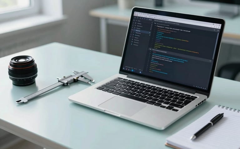 A professional desk setup in a bright European studio featuring a laptop displaying a clean programming interface. Beside the laptop are engineering tools like a caliper and a notepad, highlighted with light blue tones and soft lighting.