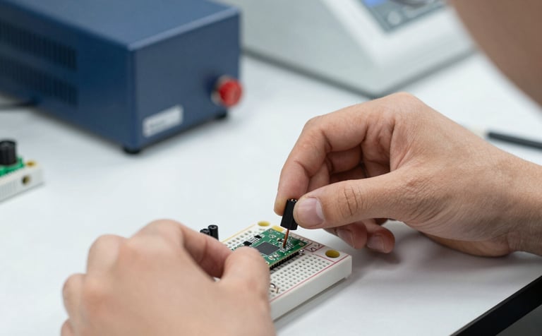 Macro photography of an engineering student's hands assembling a small electronic component on a breadboard. The background is a blurred European lab setting with professional dark blue equipment and bright white lighting.